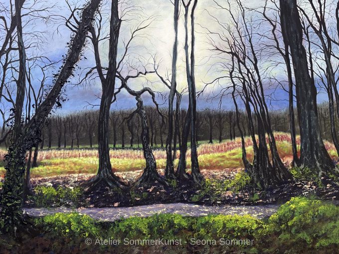 Just Like You Are, Öl auf Leinwand Ölporträt: Zwei Kinder in blauen T-Shirts mit dem Aufdruck „WALK ON THE SALT SIDE“ stehen nebeneinander.