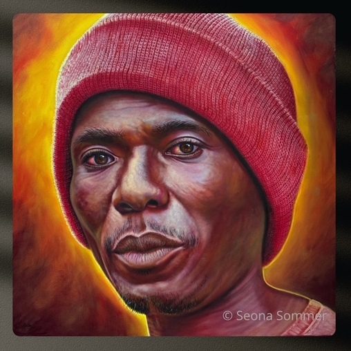 Seona Sommer malt ein Kinderporträt Seona Sommer malt das überdimensionale Gesicht eines Mädchens mit großen, ausdrucksvollen Augen.